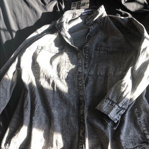 Distressed denim button down